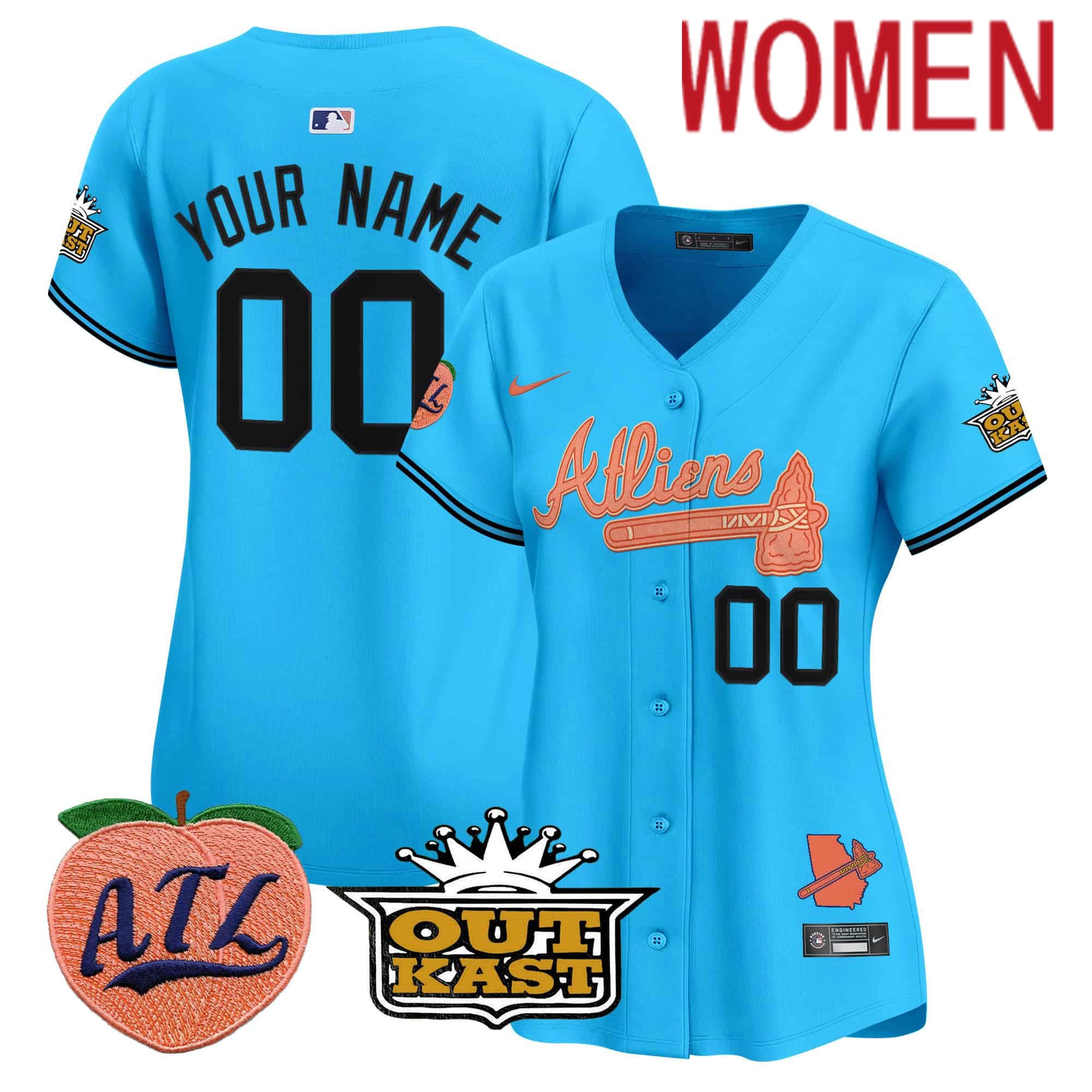 Women Atlanta Braves Light Blue Nike 2024 Atliens & Peach Vapor Premier Limited Custom MLB Jersey